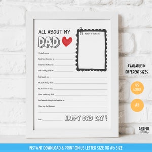 All About My Dad printable! This beautifully crafted tribute is the perfect gift for Fathers Day, birthdays, or any occasion to show your appreciation for Dad displayed in frame.