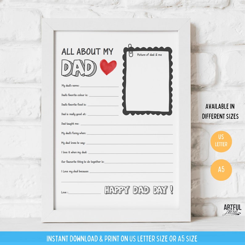 All About My Dad printable! This beautifully crafted tribute is the perfect gift for Fathers Day, birthdays, or any occasion to show your appreciation for Dad displayed in frame.