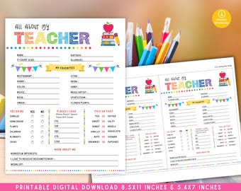 Teacher Favorite Things Questionnaire, Get to Know Teacher Printable, Survey for Teacher Gifts, Template for Teacher Appreciation