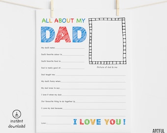 Father’s Day Interview Printable All About My Dad, Kids Fill In Activity Page, Dad Keepsake Gift from Child, Preschool Classroom Worksheet