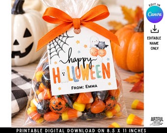 Étiquettes d'Halloween modifiables, Étiquettes pour friandises « Joyeux Halloween », Étiquettes d'Halloween à imprimer, Étiquettes cadeaux pour paniers d'Halloween, Étiquettes personnalisées pour cadeaux de fête d'Halloween