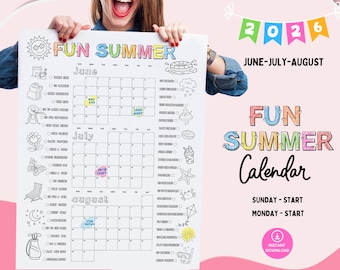 2026 Summer Calendar Poster, Printable Family Planner & Kids Activities Checklist, Fun Bucket List Download