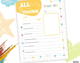 All About My Teacher, Teacher's Appreciation Week, Teacher Survey, Teacher Interview, Get to know you, Printable Teacher Appreciation Gift
