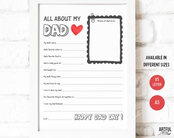All About My Dad Printable, 5 minute crafts, 1st Fathers Day Gift From Kids Interview, Dad Questionnaire, Fill In The Blank Fathers Day Card