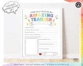 Thank You Teacher Printable, Printable All About My Teacher Card, Kids Teacher Appreciation Week Letter, End of School Year Gift
