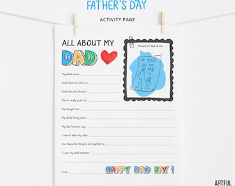 Fathers Day Interview Card, All About My Dad Printable, Kids Fill In Activity Page For Keepsake Gift