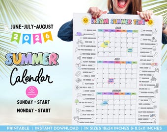 Summer Bucket List Poster, 2026 Summer Calendar Bucket List, Family Fun Activities, Kids Summer Planner, Digital Download Checklist