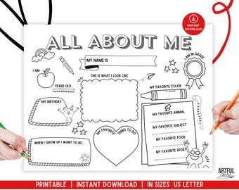 All About Me Worksheet: Printable Kids Activity, Back to School (Digital Download)