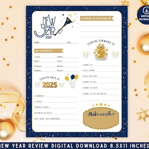 Pode incluir: Um imprimível de revisão de Ano Novo em azul marinho e dourado com seções para preencher para reflexão e definição de metas. Apresenta o texto "Ano Novo 2026" e "Faça um pedido". Inclui seções para favoritos, olhar para trás e para frente.