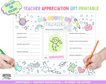 All About My Teacher Gift, Teacher Thank You Coloring Page Kids, Thank you Teacher Appreciation Card, Teacher Survey, Principal Gift,