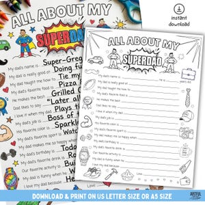 Pode incluir: Duas folhas de atividades imprimíveis em preto e branco intituladas All About My Superdad com linhas para preencher e ilustrações com tema de super-heróis, incluindo capa, gravata, relógio, câmera e ferramentas. Uma folha está parcialmente preenchida.