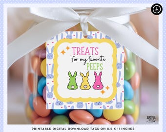 May include: Printable Easter gift tags featuring a yellow background with blue bunny silhouettes and the text "Treats for my favorite peeps".