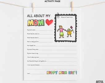 Mothers Day Questionnaire, Mothers Day Gift, Mothers Day Printable, Mothers Day Questions for Kids, Mothers Day Card, All About Mom Survey