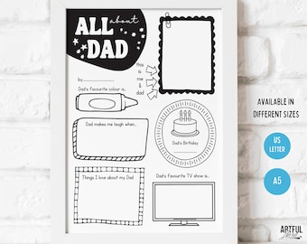 Alles über Papa druckbar, 5-Minuten-Handwerk, 1. Vatertagsgeschenk von Kinderinterview, Papa-Fragebogen, Füllen Sie die leere Vatertagskarte aus