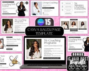 Plantilla de página de ventas de Canva, plantilla de sitio web de coaching de Canva, página de ventas de coaching, página de destino, plantilla de embudo de ventas, página de destino de curso