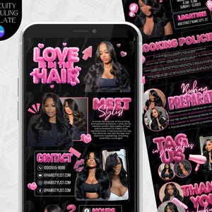May include: A black smartphone screen displays a pink and black hair salon advertisement. The ad features images of hairstyles, contact information, and the text "Love is in the Hair." The design includes pink hearts and text boxes.