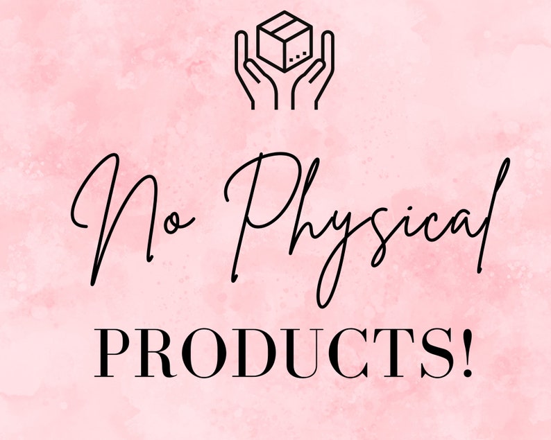 Puede incluir: Un fondo de acuarela rosa con un dibujo de l&iacute;nea negra de dos manos sosteniendo una caja. El texto "No Physical PRODUCTS!" est&aacute; escrito en negro.