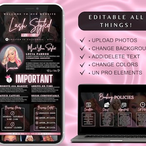 May include: A pink and black phone screen mockup with a website for a lash stylist. The website features a photo of the stylist, Lucia Pardon, and information about her services. The text on the screen says "Lash Styled by Lucia" and "Meet Your Stylist". The phone is on a pink background.