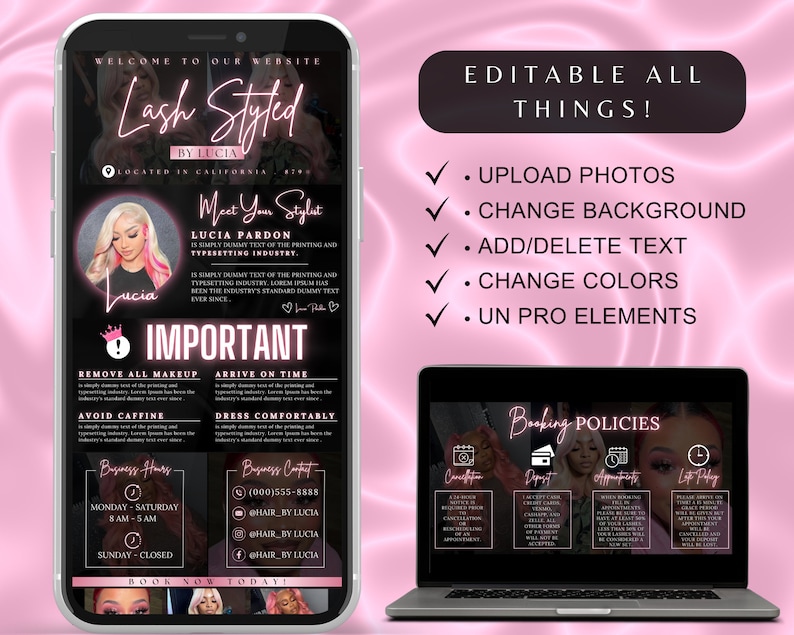 May include: A pink and black phone screen mockup with a website for a lash stylist. The website features a photo of the stylist, Lucia Pardon, and information about her services. The text on the screen says "Lash Styled by Lucia" and "Meet Your Stylist". The phone is on a pink background.