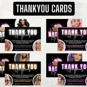 May include: A set of four black and white Thank You cards with the text "THANK YOU Gorgeous" in a glowing font. Each card features images of women and includes promotional text. The cards are designed for a beauty business.