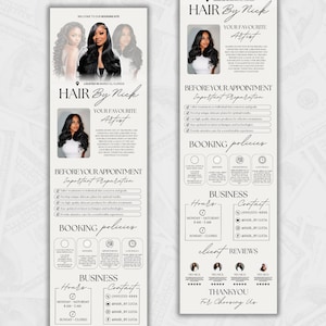 May include: A promotional flyer for "Hair By Nick" featuring images of a woman with long, dark hair. The flyer includes text about the business, booking policies, hours, contact information, and client reviews. The design is primarily black and white.