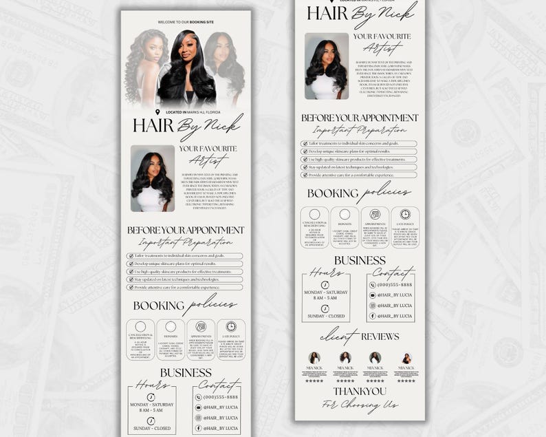 May include: A promotional flyer for "Hair By Nick" featuring images of a woman with long, dark hair. The flyer includes text about the business, booking policies, hours, contact information, and client reviews. The design is primarily black and white.