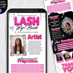May include: A smartphone displays a pink and black advertisement for "Lash By Nick" with a photo of a woman. The ad includes business hours, contact information, and a list of services. The design features a glamorous aesthetic.