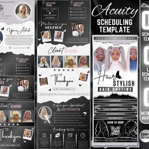 May include: A black and white graphic design template for a hair salon or stylist. The template features a large banner with the text "Hair Stylish Hair Cutting" and a smaller banner with the text "Acuity Scheduling Template". The template also includes a variety of other elements, such as business hours, contact information, client reviews, and a booking policy.