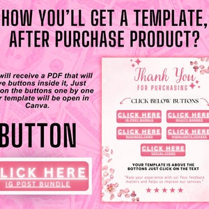 May include: Pink graphic with text: "HOW YOU'LL GET A TEMPLATE, AFTER PURCHASE PRODUCT?" and "Thank You FOR PURCHASING." Includes buttons for IG Post Bundle, Acuity Banner, Business Card, Highlights Covers, and Social Icons.
