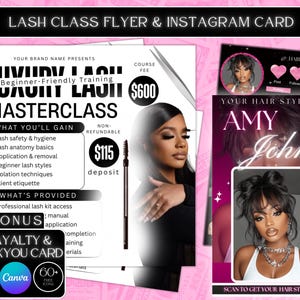 Puede incluir: Un folleto promocional y una tarjeta de Instagram para una clase magistral de pestañas. El folleto incluye información sobre el curso, precios y lo que se proporciona. La tarjeta de Instagram presenta la información de una estilista y un código QR. El esquema de color es negro, blanco y rosa.