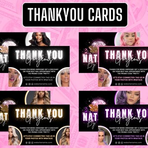 May include: A collection of black and white Thank You cards with the text "THANK YOU Gorgeous". The cards feature images of women and include promotional text. The background is a pink pattern of dollar bills.
