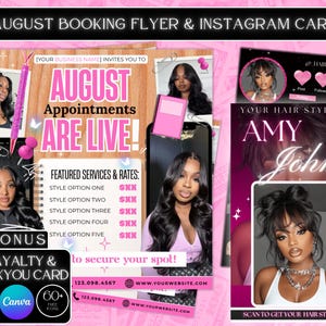 August Bookings Now Available Flyer, DIY Summer Book Now Appointments Beauty Hair Lashes Wigs Makeup Nails Social Media Canva Flyer Template