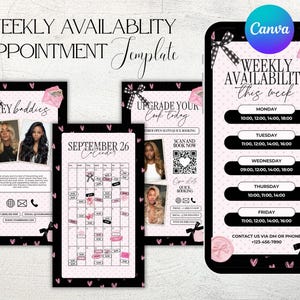 Pode incluir: Um conjunto de modelos de marketing digital com um horário de agendamento semanal, um calendário de setembro e folhetos promocionais. O design utiliza um fundo rosa claro com bolinhas, bordas pretas, ícones de coração e laços pretos.