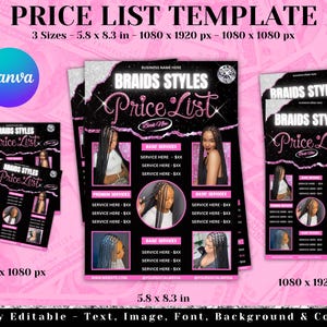 Könnte beinhalten: Ein rosa-schwarzes Preislisten-Template für Flechtfrisuren, mit drei Größen: 14,7 x 21,1 cm, 1080 x 1920 px und 1080 x 1080 px. Das Design enthält Bilder von geflochtenen Frisuren mit Textfeldern für Servicebeschreibungen und Preise.