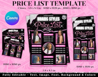 Braids Pricelist, Hair Styles Braiding Price Guide, DIY Flyer Template Design, Beauty Salon Price Sheet, Premade Lash hair Nails Price List