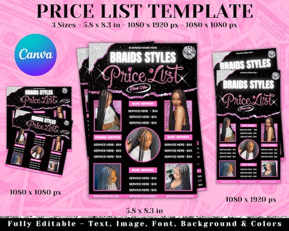 Braids Pricelist, Hair Styles Braiding Price Guide, DIY Flyer Template Design, Beauty Salon Price Sheet, Premade Lash hair Nails Price List