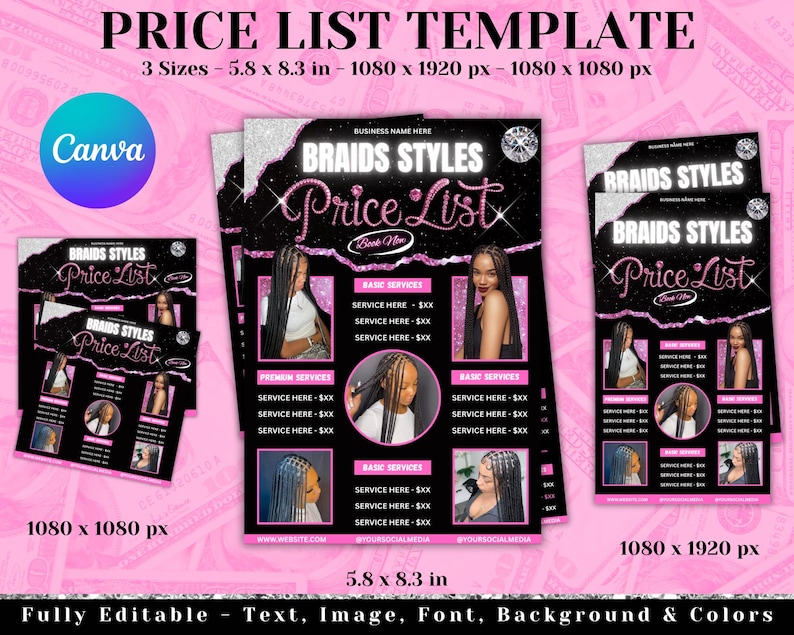 Braids Pricelist, Hair Styles Braiding Price Guide, DIY Flyer Template Design, Beauty Salon Price Sheet, Premade Lash hair Nails Price List