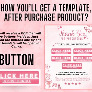 Puede incluir: Gr&aacute;fico rosa y blanco con el texto "&iquest;C&oacute;mo obtendr&aacute;s una plantilla despu&eacute;s de comprar un producto?" y "Gracias por tu compra". El gr&aacute;fico incluye cinco botones rosas con el texto "Haz clic aqu&iacute;" y el nombre de una plantilla, como "Paquete de publicaciones de IG", "Banner de Acuity", "Tarjeta de visita", "Cubiertas de resaltados" e "&Iacute;conos sociales". El gr&aacute;fico tambi&eacute;n incluye el texto "Tu plantilla est&aacute; arriba de los botones, solo haz clic en el texto".