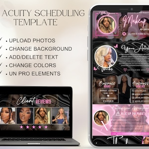 May include: A pink and black digital marketing template for a makeup artist. The template includes a photo of the artist, business hours, contact information, and a section on makeup preparation. The text on the template reads "Makeup by Jhonny", "Your Artist", "Business Hours", "Business Contact", "Explore your Appointment", and "Makeup Preparation".