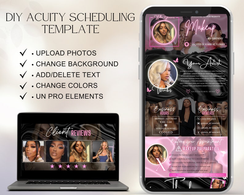May include: A pink and black digital marketing template for a makeup artist. The template includes a photo of the artist, business hours, contact information, and a section on makeup preparation. The text on the template reads "Makeup by Jhonny", "Your Artist", "Business Hours", "Business Contact", "Explore your Appointment", and "Makeup Preparation".