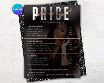 Plantilla de lista de precios negra: precios de salón de belleza, tecnología de pestañas, estilistas, trenzadoras, pelucas, uñas, maquillaje. Plantilla de Canva editable y personalizable.