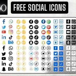 May include: A collection of 60 free social media icons in various colors and styles, including Facebook, Twitter, Pinterest, Instagram, LinkedIn, TikTok, Snapchat, and Behance. The text "FREE SOCIAL ICONS" is displayed.