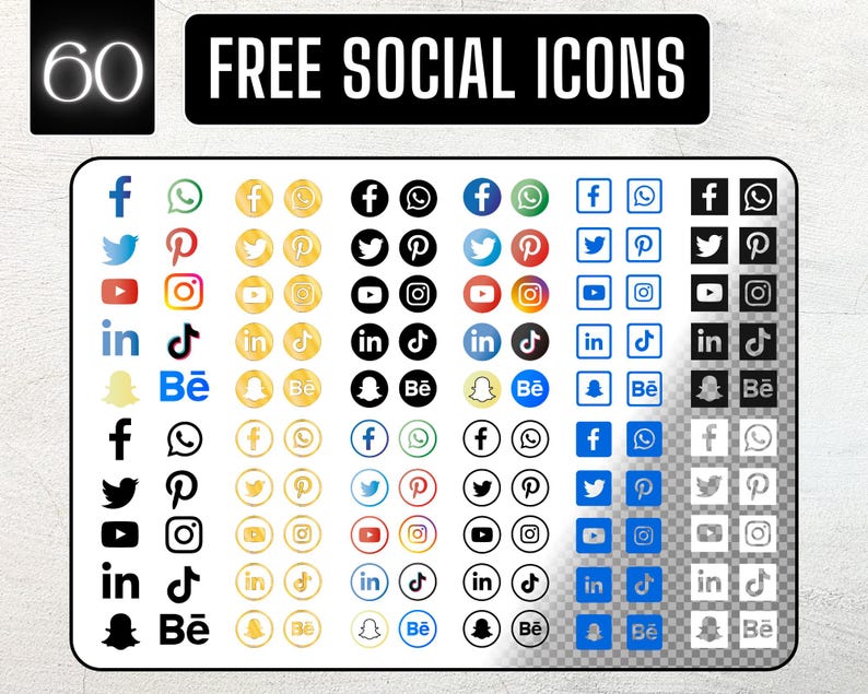 May include: A collection of 60 free social media icons in various colors and styles, including Facebook, Twitter, Pinterest, Instagram, LinkedIn, TikTok, Snapchat, and Behance. The text "FREE SOCIAL ICONS" is displayed.