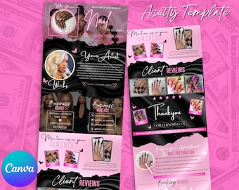 May include: A pink and black business card template for a nail salon. The template features a photo of a woman with long, manicured nails, as well as text that says "Nail by Jhonny" and "Acuity Template".