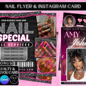 Puede incluir: Un diseño de folleto promocional y tarjeta de Instagram para servicios de uñas. El folleto presenta el texto "NAIL SPECIAL" en una fuente brillante, detalles del servicio y una oferta de tarjeta de bonificación. La tarjeta de Instagram muestra a una estilista con iconos de redes sociales.
