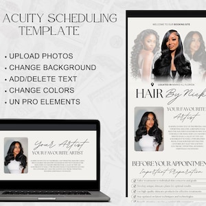 May include: A laptop displays a digital template with the text "Your Favourite Artist" and a photo of a woman with long, dark hair. The template includes the text "DIY Acuity Scheduling Template" and bullet points for customization options.