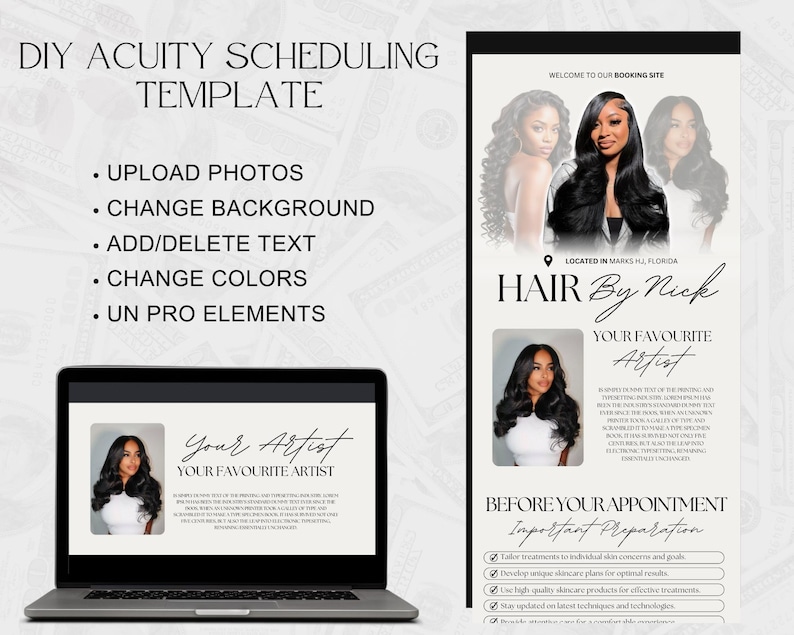 May include: A laptop displays a digital template with the text "Your Favourite Artist" and a photo of a woman with long, dark hair. The template includes the text "DIY Acuity Scheduling Template" and bullet points for customization options.