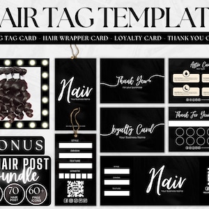 DIY Hair bundle tag template, thank you card,hair extension ,wig, air business packaging, hair aftercare loyalty card, hair branding kit