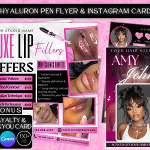 Puede incluir: Un folleto y una tarjeta de Instagram rosas y blancos que promocionan rellenos labiales y una estilista. El folleto incluye texto como "Luxe Lip Fillers Offers" y "Why Clients Love It". La tarjeta de Instagram presenta una foto de una mujer y el texto "Your Hair Stylist Amy John."
