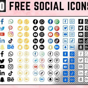 Puede incluir: Un conjunto de 60 iconos de redes sociales gratuitos en varios estilos, incluyendo blanco y negro, color y transparente. Los iconos representan plataformas de redes sociales populares como Facebook, Twitter, Instagram, YouTube, Pinterest, LinkedIn, TikTok, Snapchat y Behance.